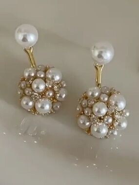 Pearl Cluster Drop Earrings - Gold and White